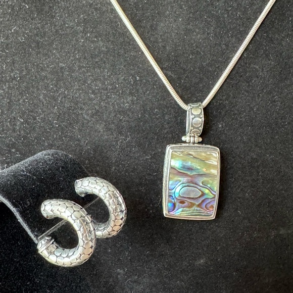 Sterling Silver Abalone Pendant 925 Snake Chain 925 Thick Pebble Hoops - Picture 1 of 9